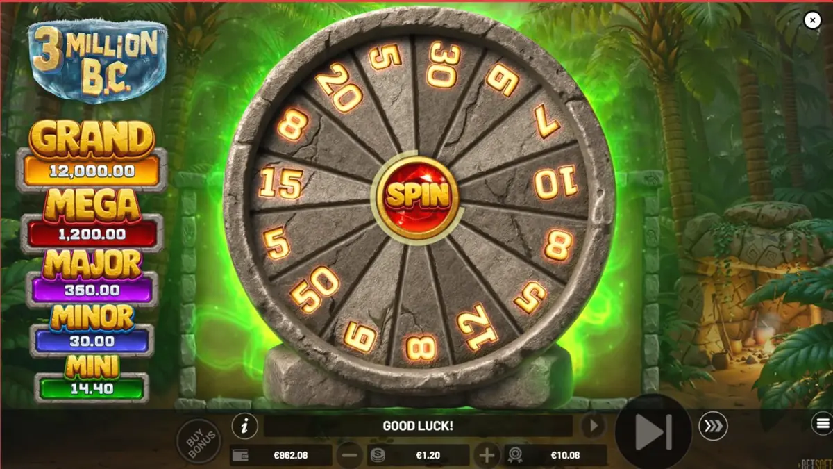 Tampilan visual slot 3 Million B.C. dengan latar belakang gua prasejarah dan roda jackpot.