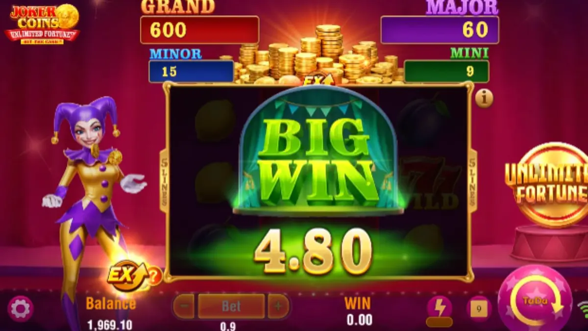 Tampilan visual slot Joker Coins Unlimited Fortune dengan nuansa neon dan simbol buah klasik.